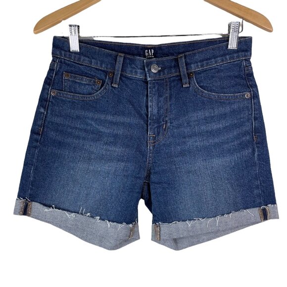 GAP Cuffed Denim Jean Shorts Womens 26 Blue Dark Wash Cotton Blend Whiskered - Picture 1 of 6